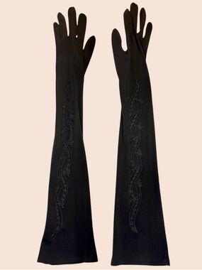 Vintage Embroidered Opera Length Gloves Black Rayon Long Formal Lady Gay 6